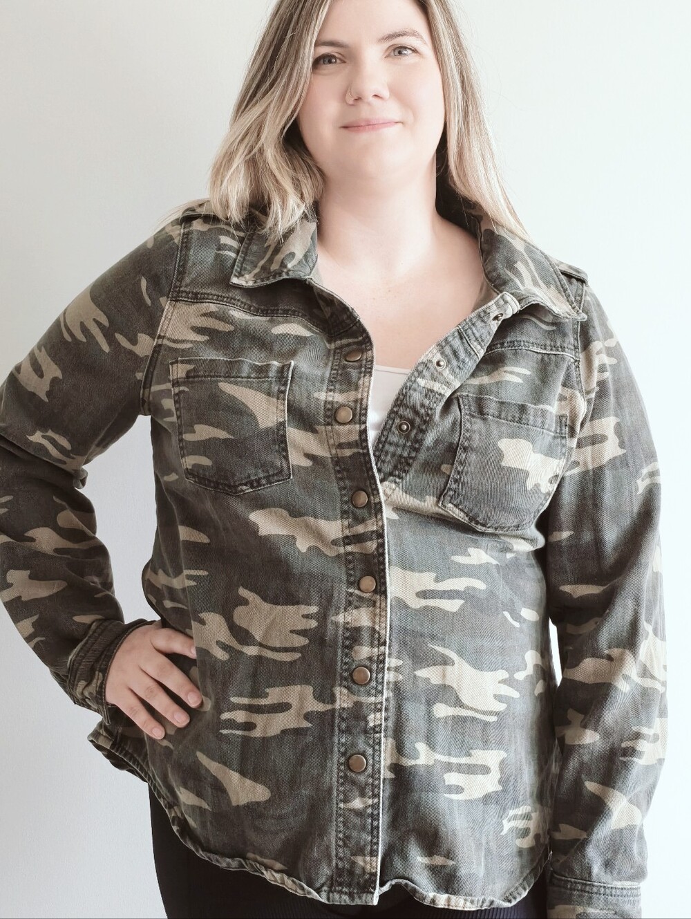 Forever 21+ Camo Cotton Snap Button Down Utility Shacket Jacket | Plus Size 1XL
